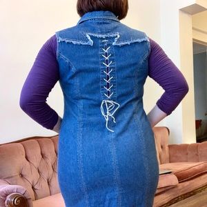 Vintage 90s Denim Lace up Western Mini Dress - XL
